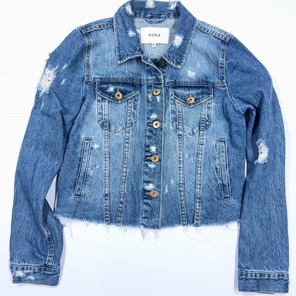 pistola Jackets & Blazers - Pistola Distressed Cropped Denim Jacket Medium Raw Hem